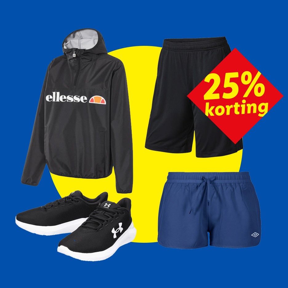 Zwarte windbreaker, zwarte en blauwe sportshorts, en zwarte sportschoenen met 25% korting.