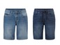 Twee paar blauwe denim shorts, een met knoop en een met trekkoord.