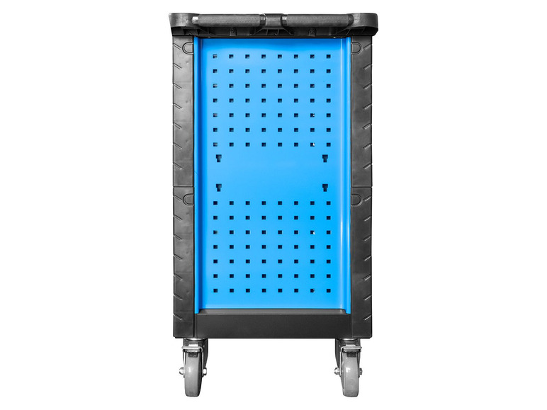 Een blauwe plastic opbergbox met wielen.