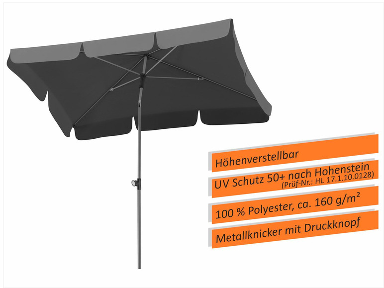 Een grijze parasol met UV-bescherming en een metalen hendel