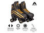 Zwarte quad skates van Apollo met gouden accenten.