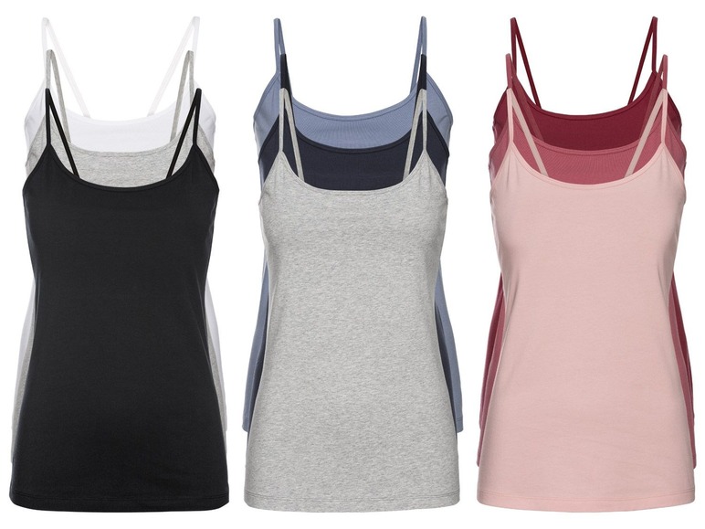 Drie paar tanktops in zwart, grijs en roze.