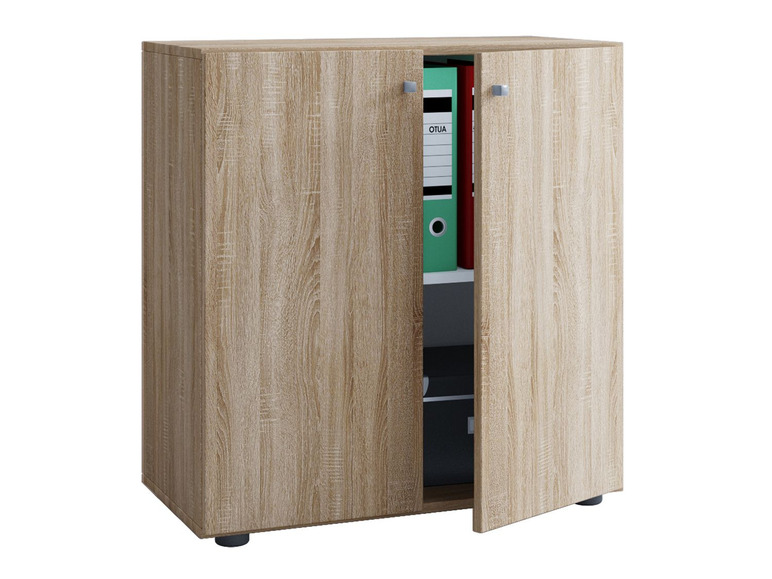 Houten kast met openstaande deur, met daarin een map