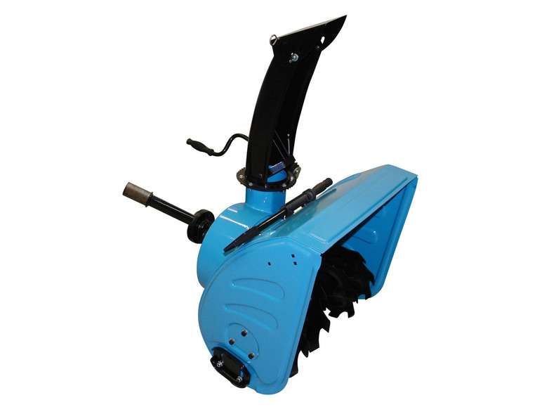 Blauwe sneeuwruimer met zwarte beugel.