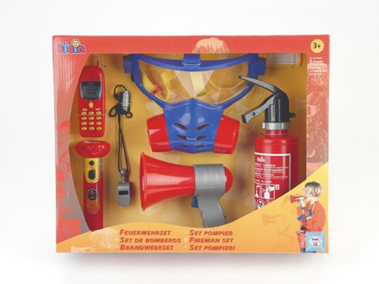 Klein speelgoedset met brandweerhelm, megafoon en brandslang.
