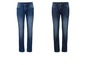 Twee paar blauwe jeans met trekkoord.