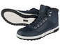 Blauwe leren sneakers met veters en witte zool.