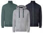 Drie heren truien met rits, waaronder een grijze hoodie.