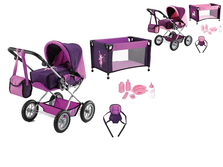 Een roze en paarse poppenwagen, een wieg en accessoires.