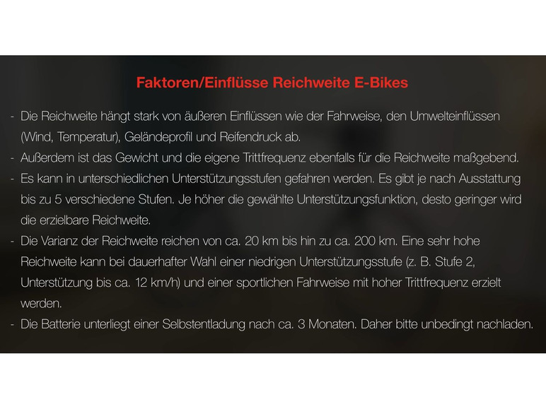Informatie over factoren die de actieradius van e-bikes beïnvloeden, inclusief rijgedrag, omgevingsfactoren en batterijlevensduur.