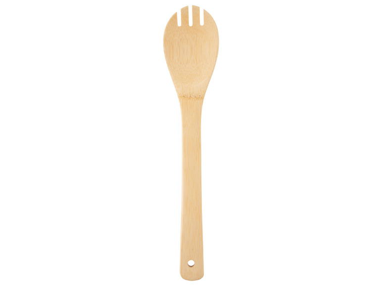 Een houten serveerschep met een gat in de handgreep.