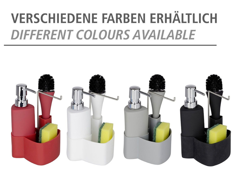 Vier verschillende keukenspoelmiddel sets met borstel, spons en houder in rood, wit, grijs en zwart.