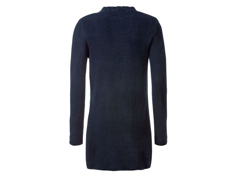 Een donkerblauwe wollen trui met lange mouwen.