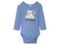 Een blauwe baby-body met lange mouwen met een afbeelding van 101 Dalmatiërs.