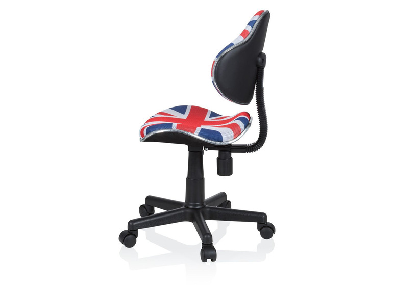 Een zwarte bureaustoel met een Union Jack bekleding.