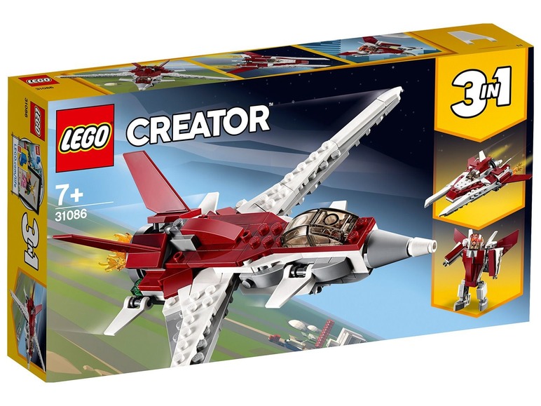 Lego Creator 3-in-1 set met een rood en wit ruimtevaartuig, een alternatieve versie en een robot.