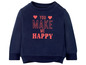 Een donkerblauwe trui met lange mouwen voor baby's met de tekst 'You Make Me Happy'.