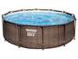 Een rond Bestway Steel Pro Max zwembad met wicker-print.