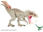 Een grote witte Indominus Rex dinosaurus speelgoedfiguur met een kleinere groene dinosaurus.