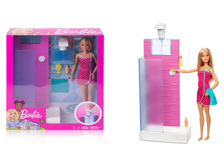 Barbie-pop met douchecabine en accessoires.