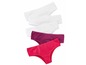 Drie paar witte en twee paar gekleurde damesonderbroeken.