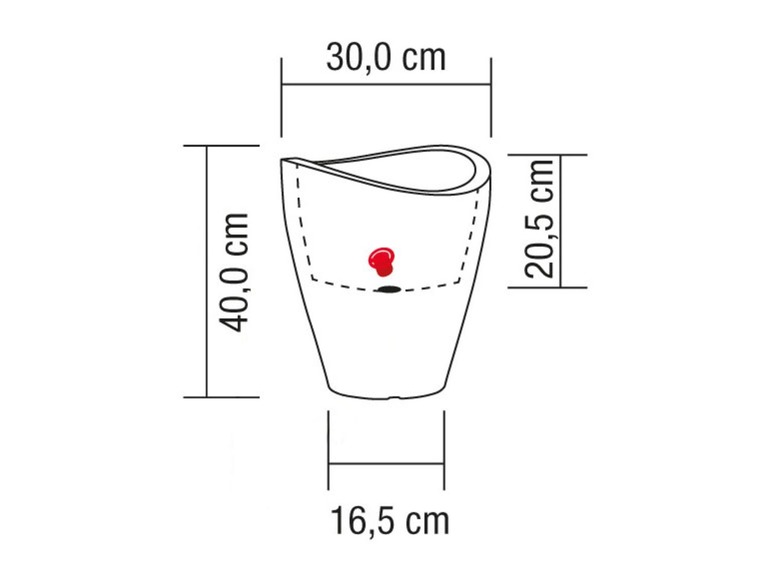 Een bloempot met afmetingen.