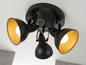 Zwarte plafondlamp met drie gouden lampenkappen.