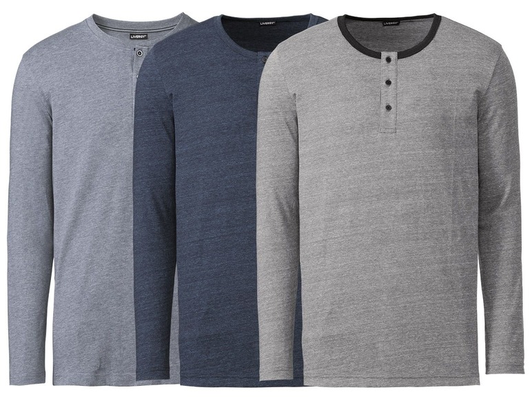 Drie grijze, blauwe en donkerblauwe longsleeve shirts van Livergy.