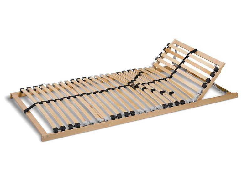 Een houten lattenbodem met verstelbare hoofdeinde.