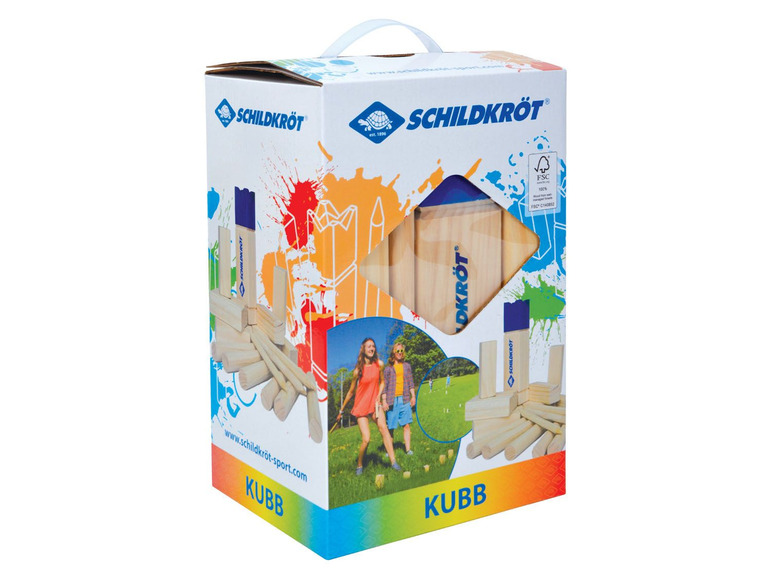 Kubb spel van Schildkröt met houten blokken.