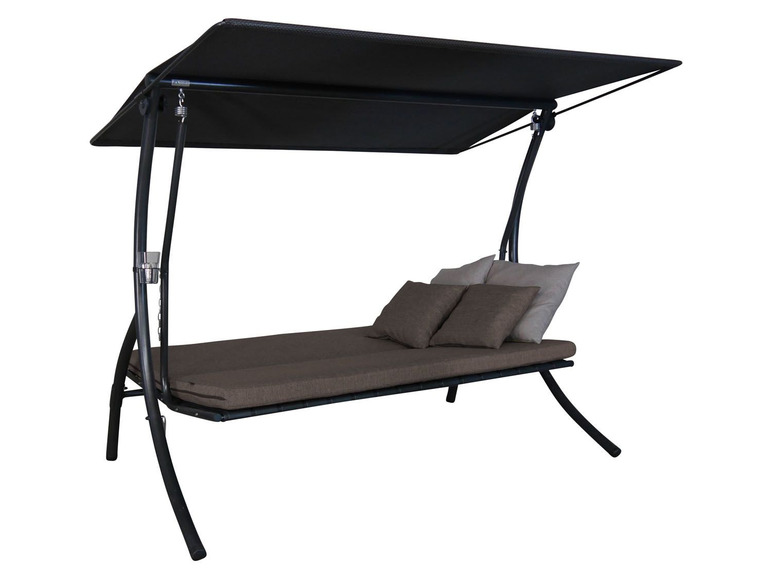 Een zwart hangbed met een luifel, geschikt voor twee personen