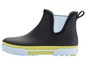 Zwarte regenlaarzen met gele zool en blauwe voering.