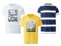 Drie T-shirts: één met 'USA' print, één met 'Los Angeles' print en één gestreept.