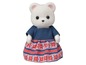 Een witte Calico Critters beer met een denim jurkje en een rode rok.