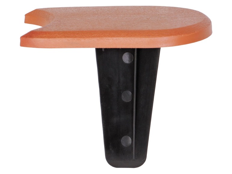 Een oranje plastic tafelblad met een zwarte poot.