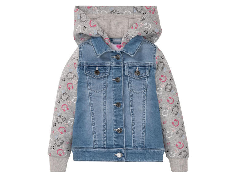 Een denim jack met een grijze capuchon en een muziekprint.