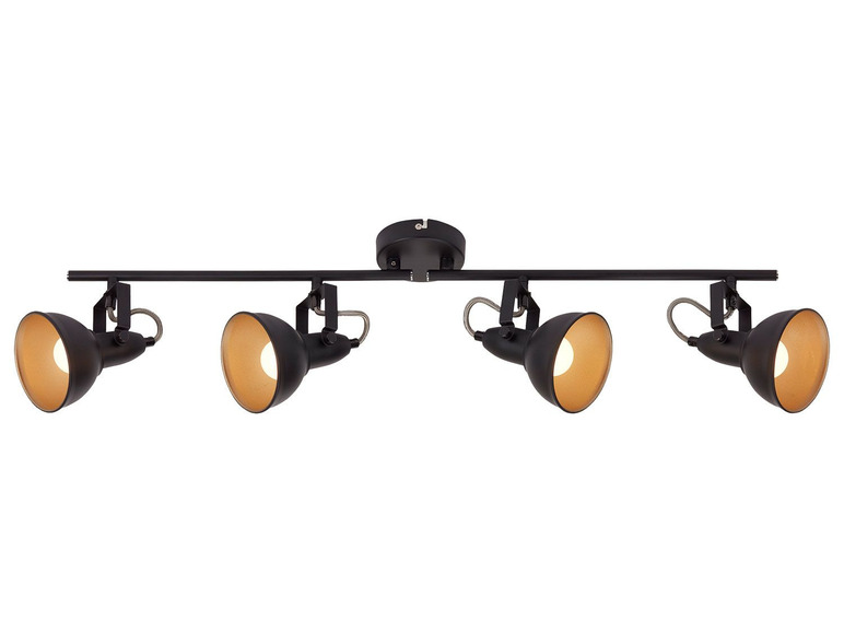 Zwarte plafondlamp met vier verstelbare spots.