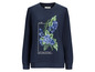 Donkerblauwe trui met bloemenprint en de tekst 'spring feelings'.