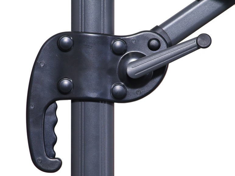 Een grijze parasolvoet met een hendel voor het verstellen van de hoogte.