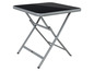Een zwarte glazen tafel met een grijs metalen frame, inklapbaar.