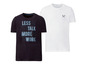 Twee T-shirts, een zwarte met 'Less Talk More Work' print en een witte met een gereedschap-kruis.