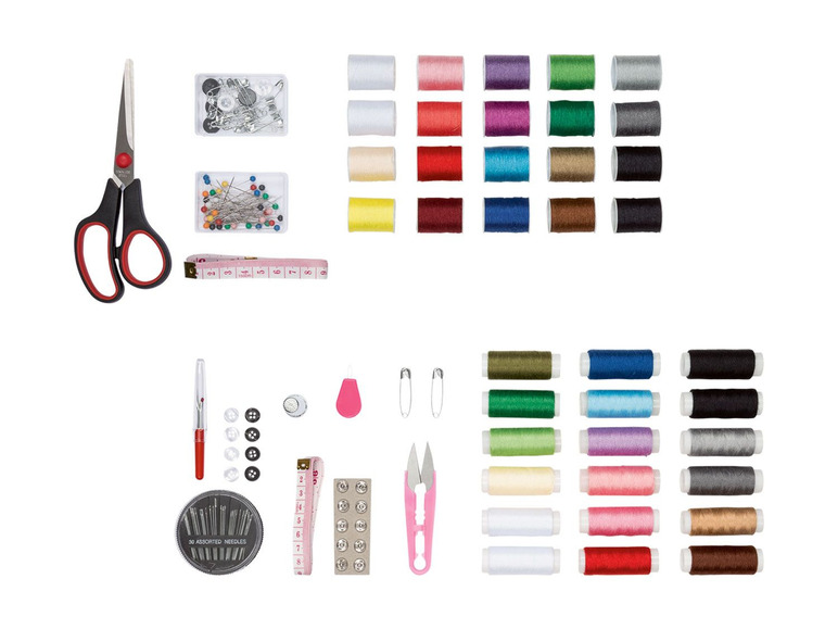 Naaiset met garen, naalden, knopen, schaar en meetlint.