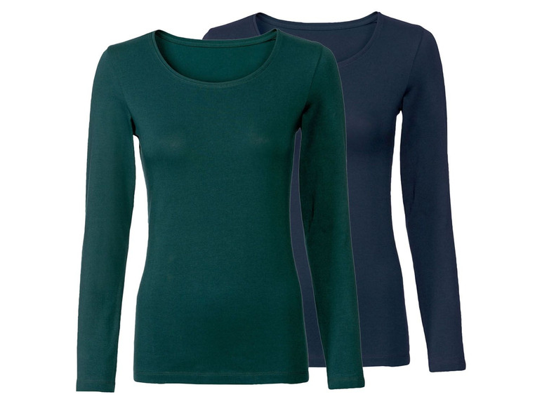 Twee effen lange mouw shirts, een donkergroen en een donkerblauw.