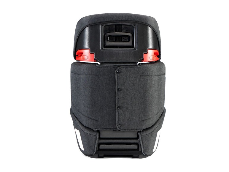 Een grijze autostoel met rode accenten.