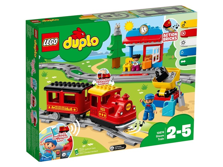LEGO Duplo stoomtrein met een push-and-go motor, wagon en speelfiguren.
