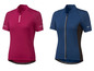 Twee dames fietsshirts, een roze en een blauw met zwarte details.