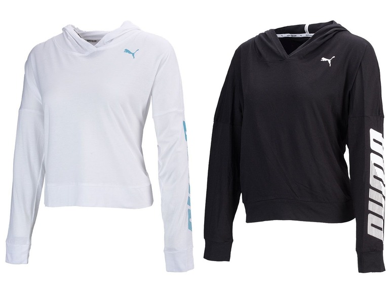 Twee witte en zwarte Puma hoodies met lange mouwen.
