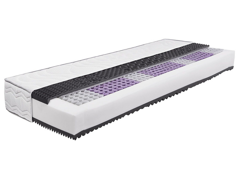 Een doorsnede van een matras met meerdere lagen, waaronder een pocketvering- en memoryfoamlaag.