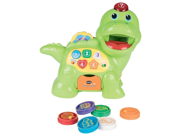 Vtech speelgoed dinosaurus met knoppen en vormpjes.