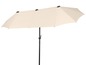Een beige parasol met een zwart frame.